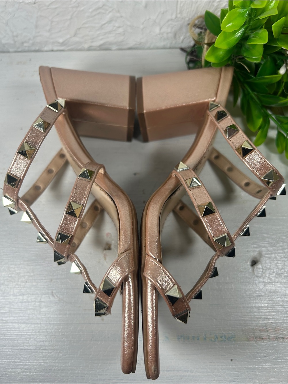 Adrienne Vittadini Metallic Rose Gold Studded Strappy Slide In Block Heel Sandal - Picture 8 of 12